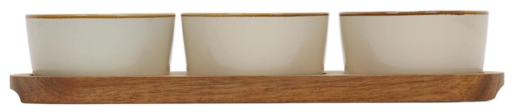 Zestaw porcelanowych miseczek do serwowania, akacjowa podstawka