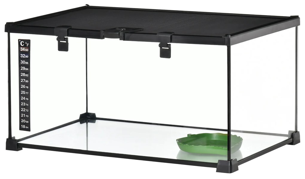 PawHut Skrzynia terrarium dla gadów z termometrem Czarne szkło i metal 50x30x25cm | Aosom PL