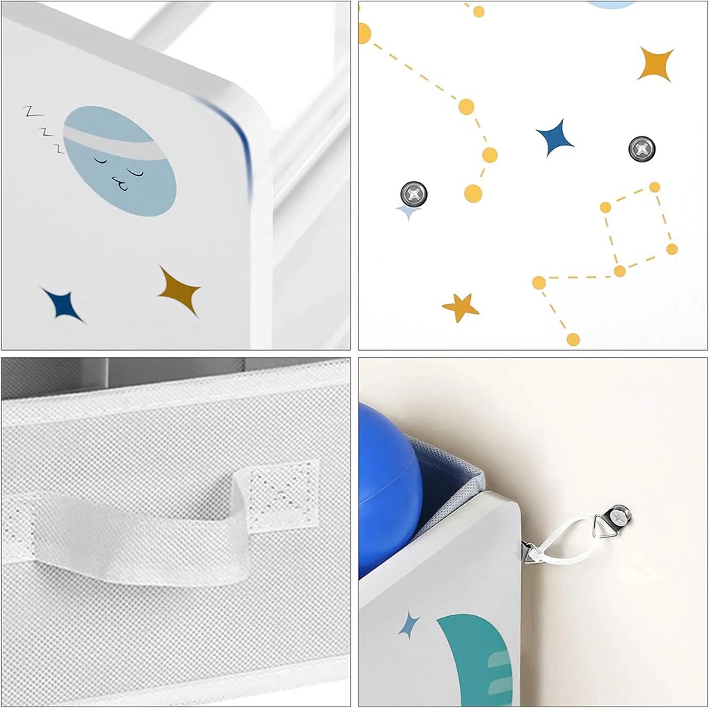 Regał na zabawki WSZECHŚWIAT, 9 pudełek, 62,5x29,5x60cm, biała z naklejkami SongmicsHome