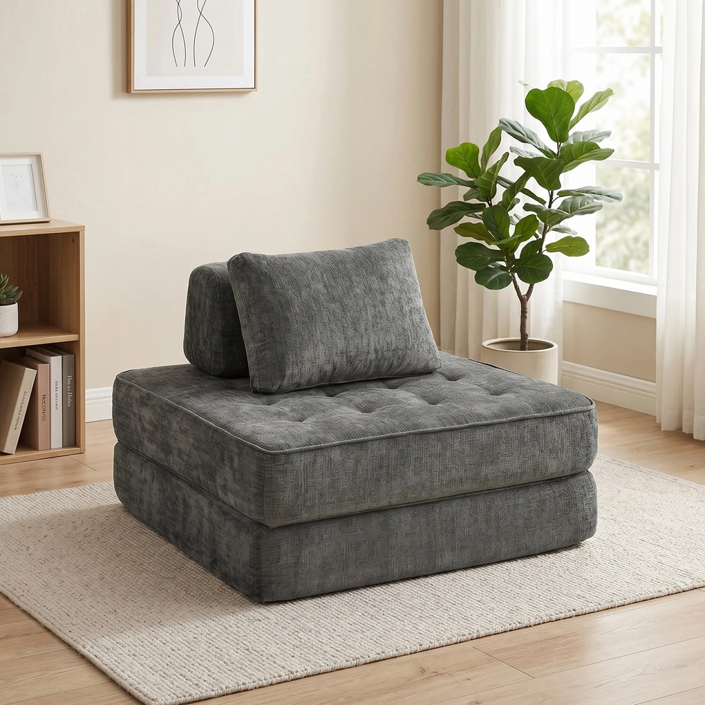 HOMCOM składany fotel podłogowy 2w1 sofa podłogowa składany materac z funkcją spania Chenille z poduszką do 220 kg szary | Aosom PL