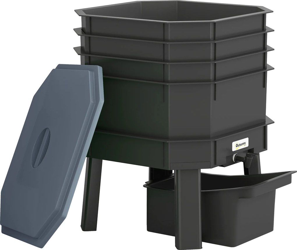 Outsunny Kompostownik 28 litrów, 39 x 39 x 51,5 cm szybki kompostownik z tackami, termokompostownik ciemnoszary | Aosom PL
