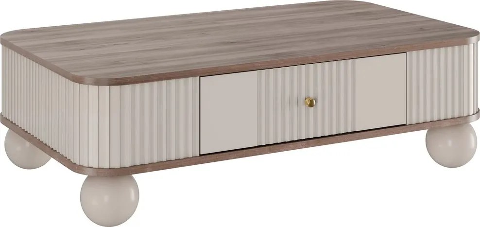Stolik kawowy Vesper 103x60 cm z szufladą - kaszmir / orzech / złote uchwyty / nogi kule