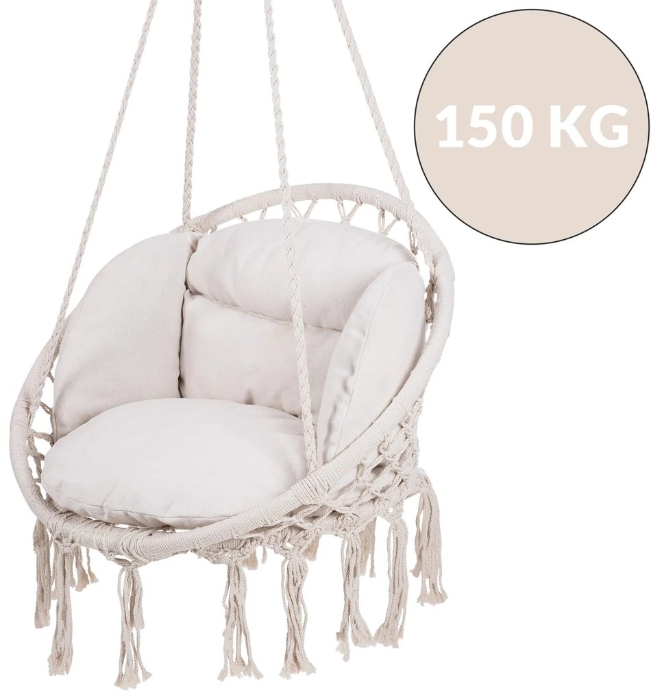 Jurhan Wiszące krzesło BOHO z poduszkami, Ø61cm, beżowa