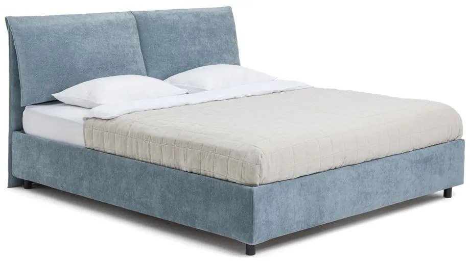 Niebieskie tapicerowane łóżko dwuosobowe ze schowkiem z materacem i stelażem 160x200 cm Myra Pillow – Bonami Selection