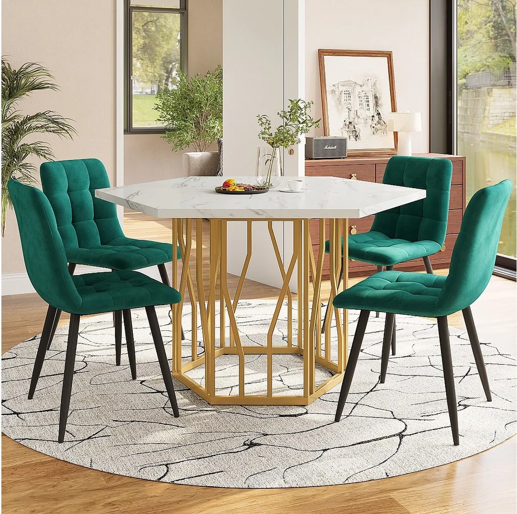 Zestaw stół i krzesła do jadalni - 115,5 x 100 x 75 cm - 1 stół sześciokątny ze złotymi nogami + 4 krzesła - MDF + Stal - złoty + zielony