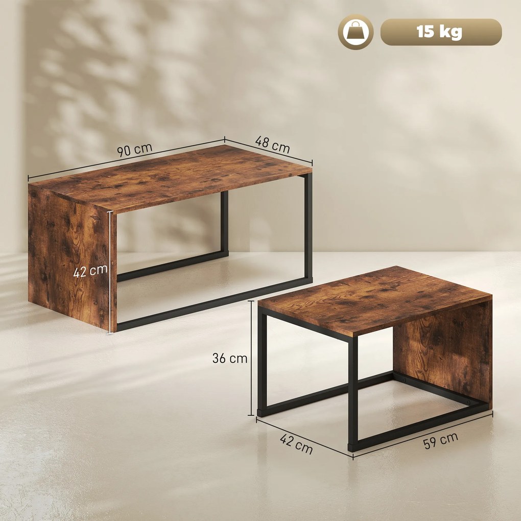 HOMCOM Zestaw 2 stolików, stolik kawowy, stolik pomocniczy, MDF, Metal, 90 x 48 x 42 cm/59 x 42 x 36 cm, Czarny+Brązowy