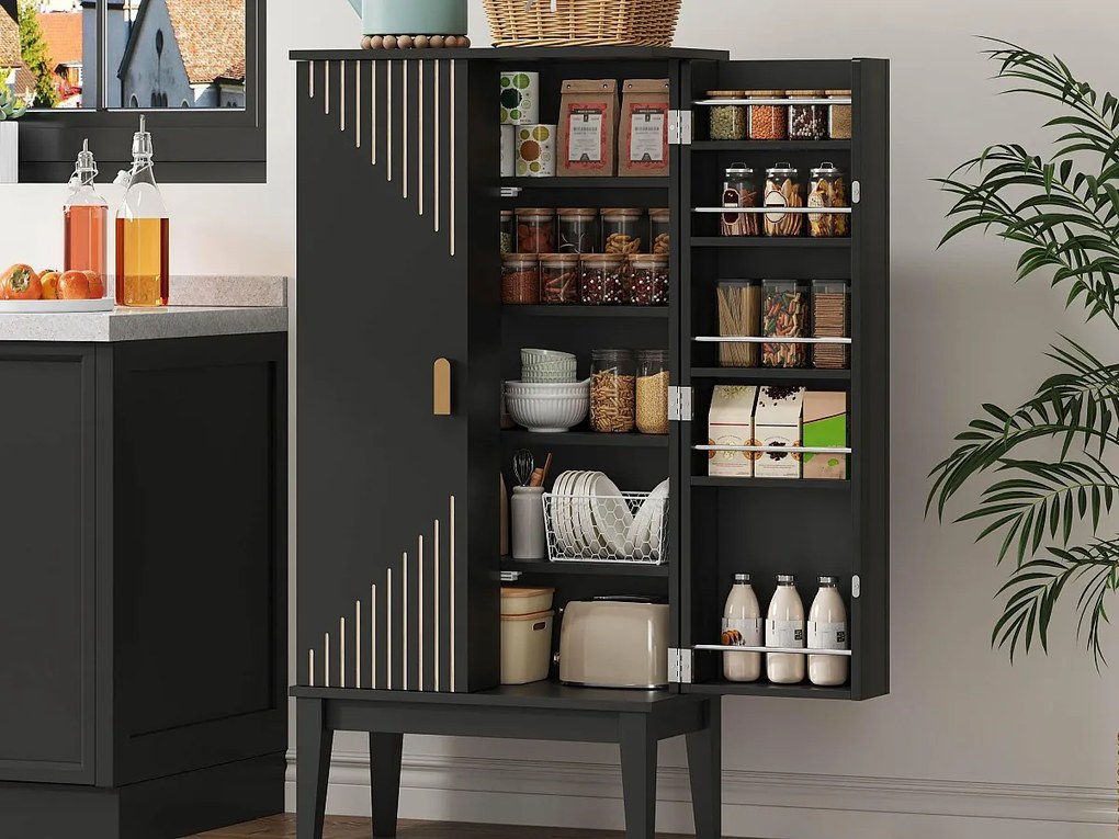 Kredens kuchenny 59x30x120cm - 2 drzwi szafkowe z półkami - styl retro - Czarny