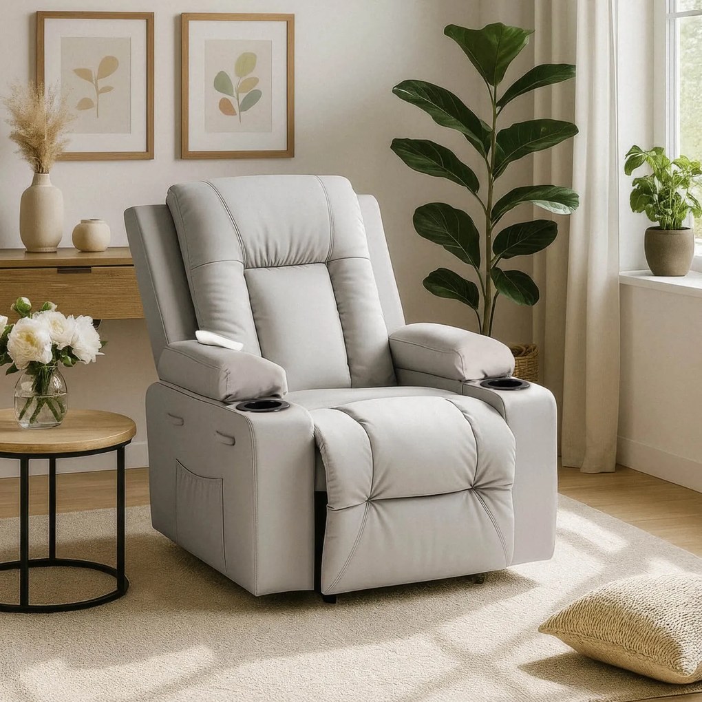 Fotel Masujący BOX Rozkładany Wypoczynkowy z Podnóżkiem Szary Ekoskóra Nowoczesny