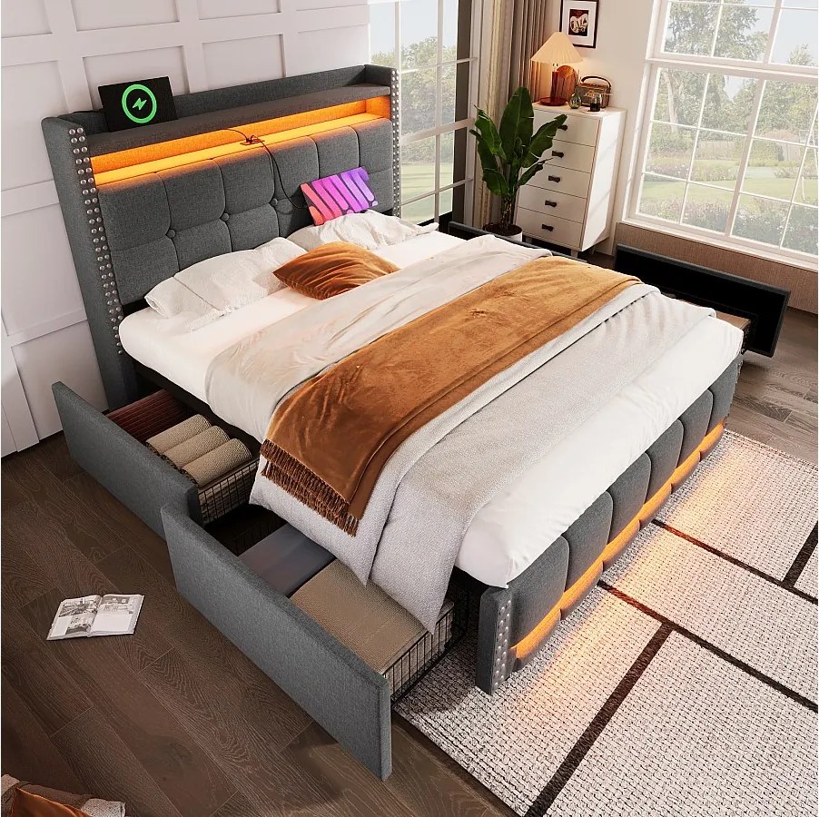 Łóżko dla dorosłych 140x200 cm - Łóżko podwójne z 4 szufladami i oświetleniem LED - stolik nocny z portem USB i schowkiem - len szary