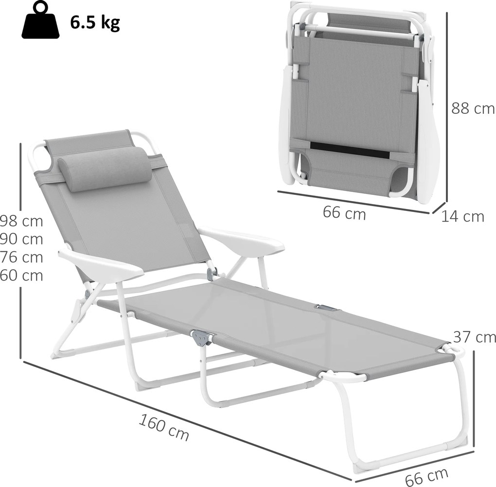 Outsunny Składany leżak ogrodowy z poduszką, leżak z 4-stopniową regulacją oparcia do 120 kg, jasnoszary