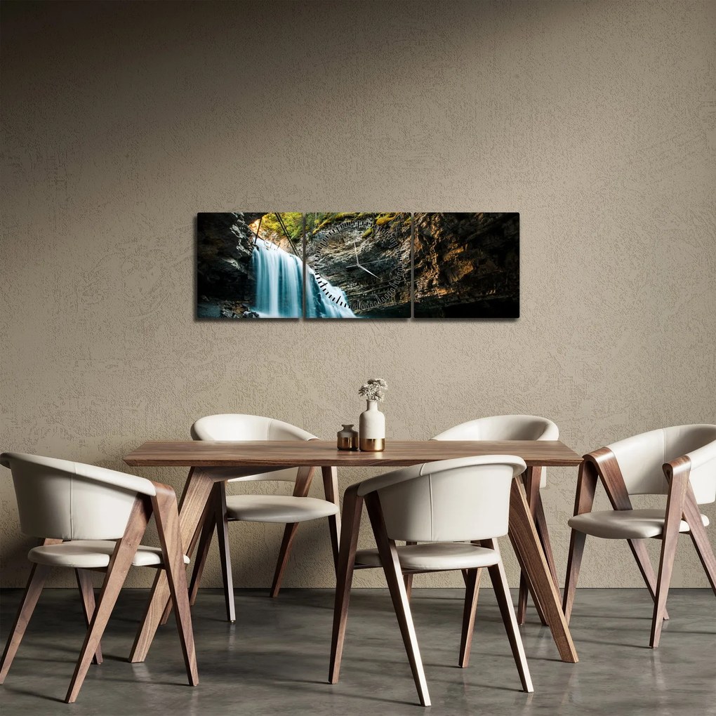 Obraz leśnego wodospadu (z zegarem) (90x30 cm)