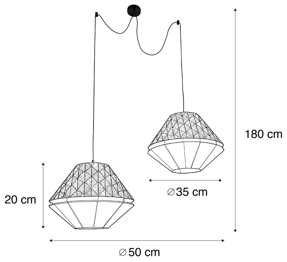 Lampa wisząca czarna z podwójnym aksamitnym abażurem z motywem liści i beżowym kolorem 2-źródła światła - Cava Luxe