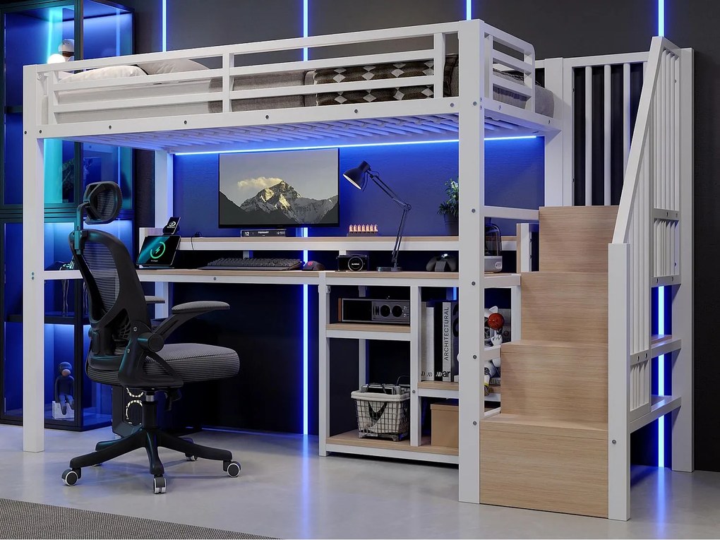 Łóżko antresola 90 x 200 cm - Z przegrodami do przechowywania - Z portami USB + Type-C - Z taśmą świetlną LED - biały (materac nie wliczony)