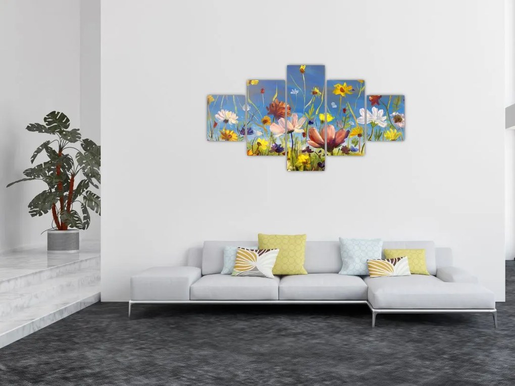 Malowany obraz kwitnącej łąki (125x70 cm)