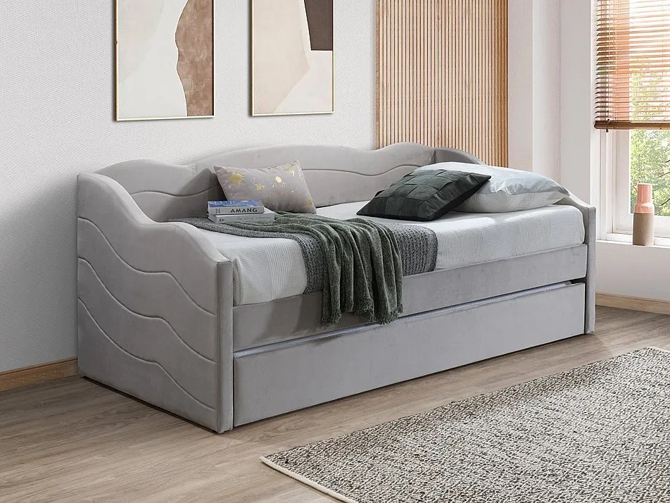 Wysuwane łóżko 2 × 90 × 190 cm – welurowe – kolor beżowy z materacem – LENVIA