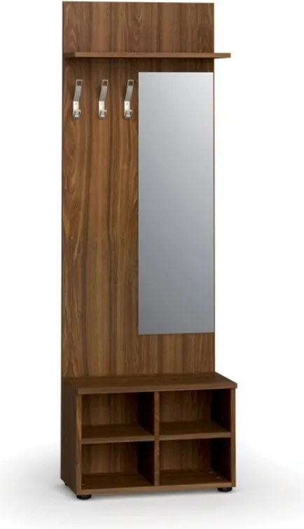 Garderoba z szafką na buty i lustrem PRIMO WOOD, 3 haczyki, półka, tekstura drewna pionowa, orzech