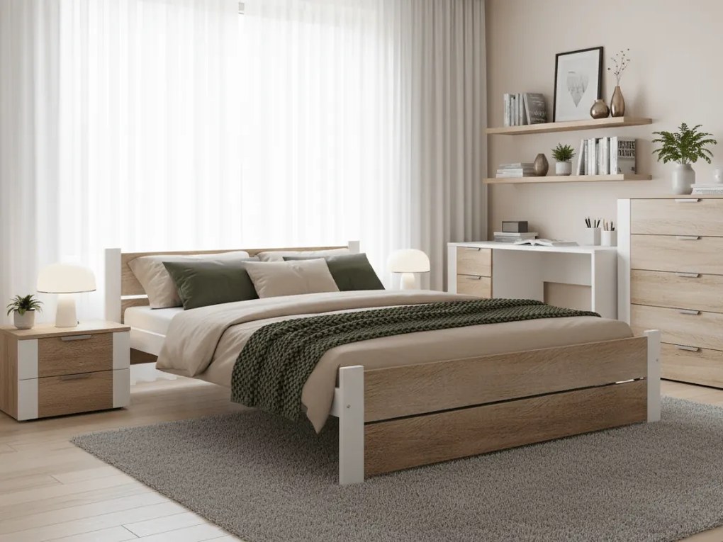 Łóżko IKAROS DOUBLE 140 x 200 cm, biały/dąb sonoma Stelaż: Bez stelaża, Materac: Materac Deluxe 10 cm