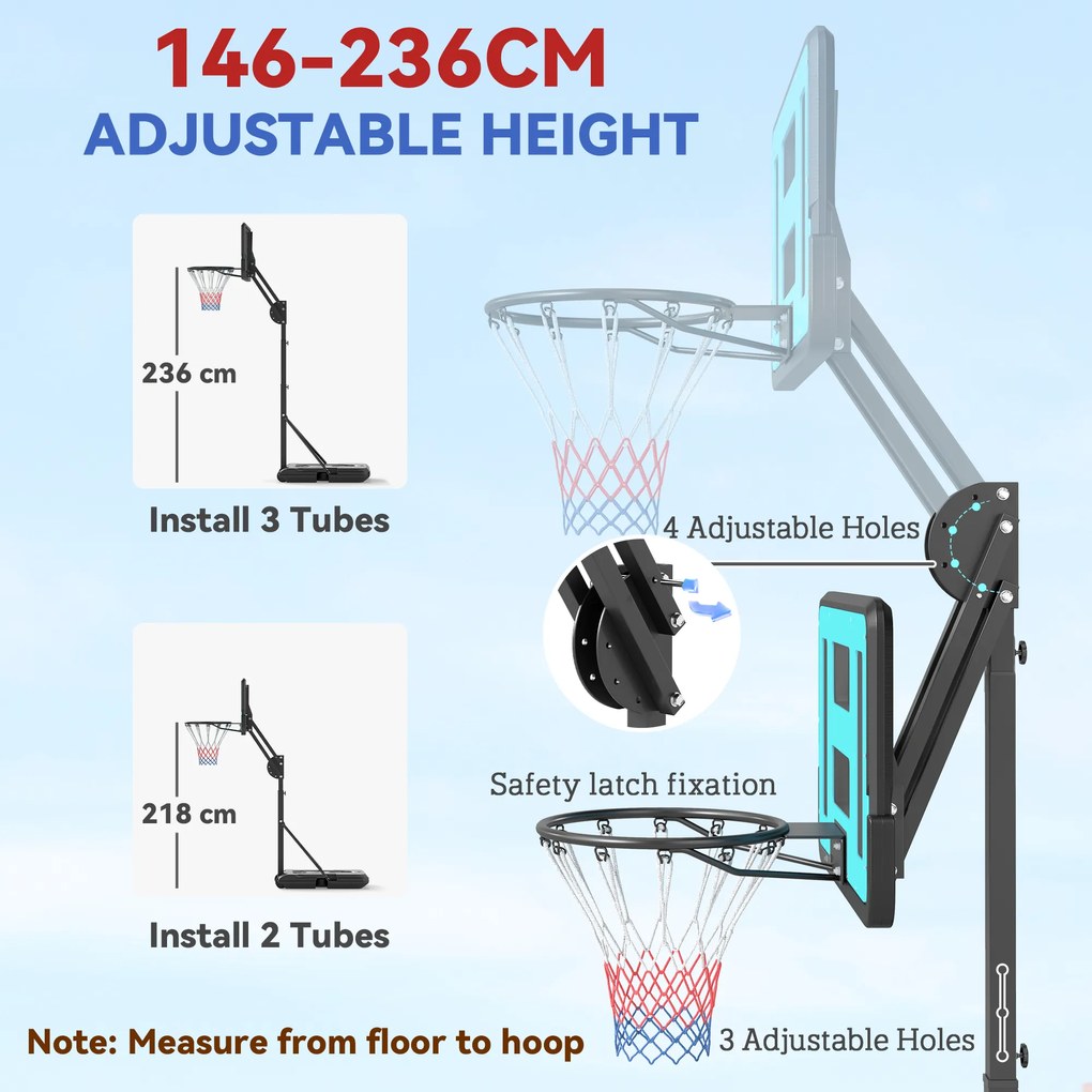 SPORTNOW Kosz do Koszykówki, Regulowany 146-236 cm, Stojak na Kołach, Stal, Plastik, Czarny