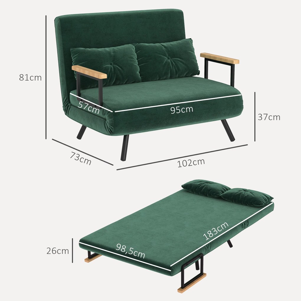 HOMCOM Sofa rozkładana 2-osobowa welurowa, funkcja spania, w zestawie 2 poduszki, welurowe wykończenie, Naturalny + Zielony