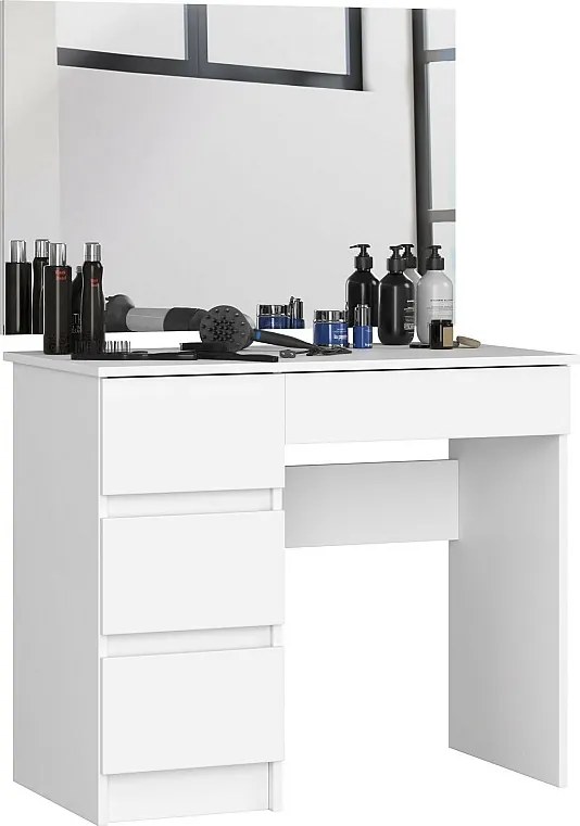 Toaletka AKORD T6 Biała 90 cm z lustrem 900x600 lewa 4 szuflady kolor Biały mat 90x50x142 cm