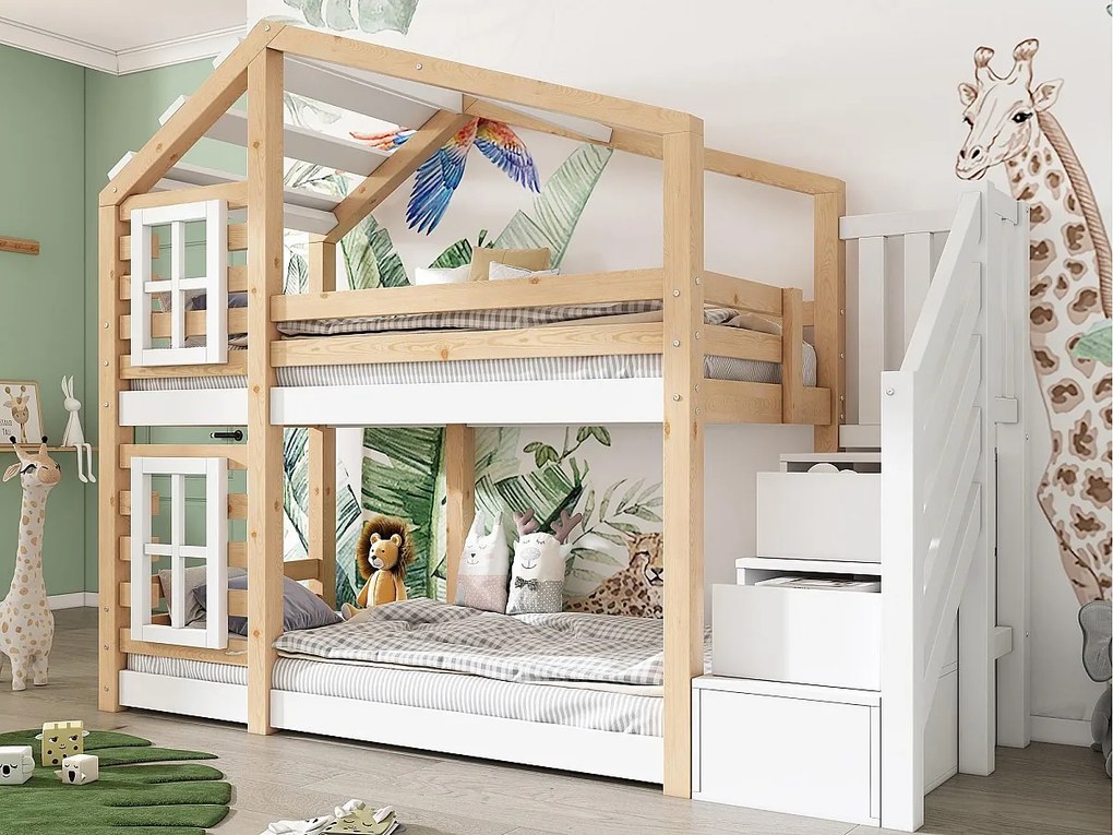 Łóżko piętrowe 90x200cm z litego drewna - z barierkami przeciwupadkowymi i schodami do przechowywania - Naturalne i Białe