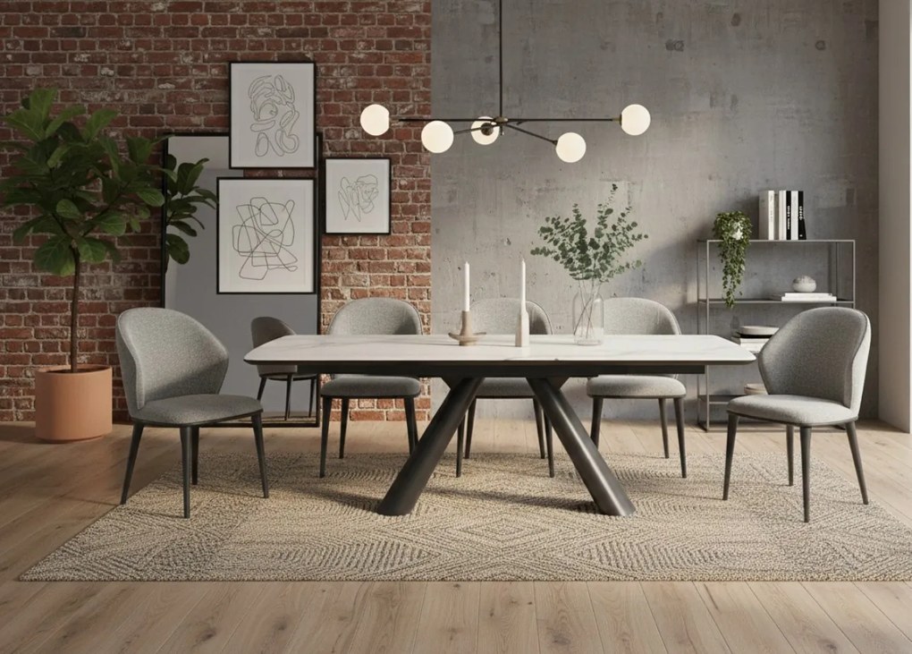 Elegancki stół z białym ceramicznym blatem na hartowanym szkle. Metalowa podstawa z czarnej stali nadaje mu nowoczesny charakter i wyjątkową trwałość.