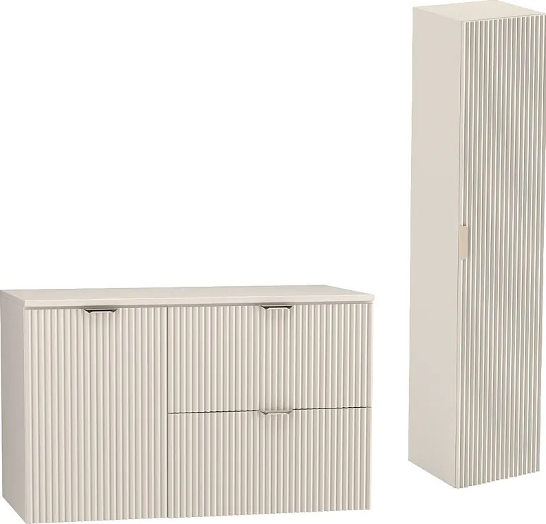 Kaszmirowy Zestaw do Łazienki 100cm Szafka Blat Szafka z Koszem Słupek Ryflowane Fronty