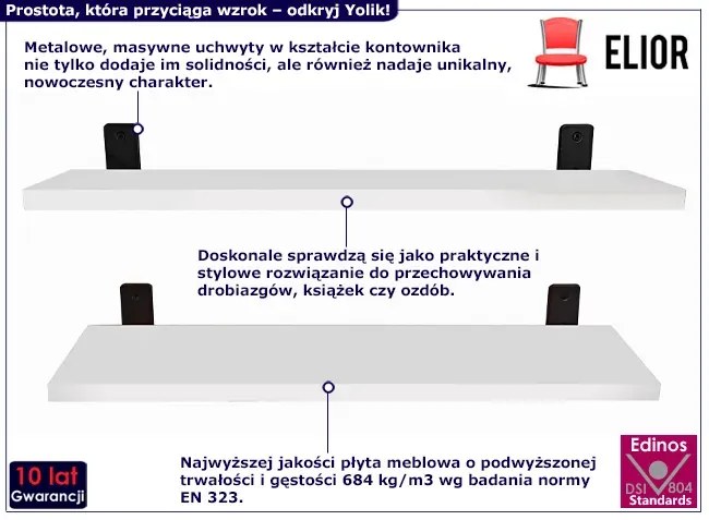 Komplet 2 białych półek ściennych 55 cm - Castello 3X