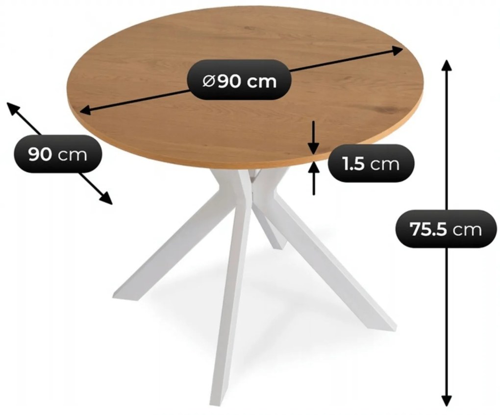 Stół Okrągły LAUREN 90 cm Dąb/Biały Skandynawski