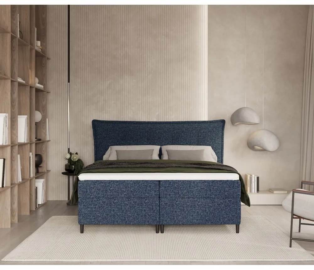 Ciemnoniebieskie łóżko boxspring ze schowkiem 160x200 cm Sinai – Maison de Rêve