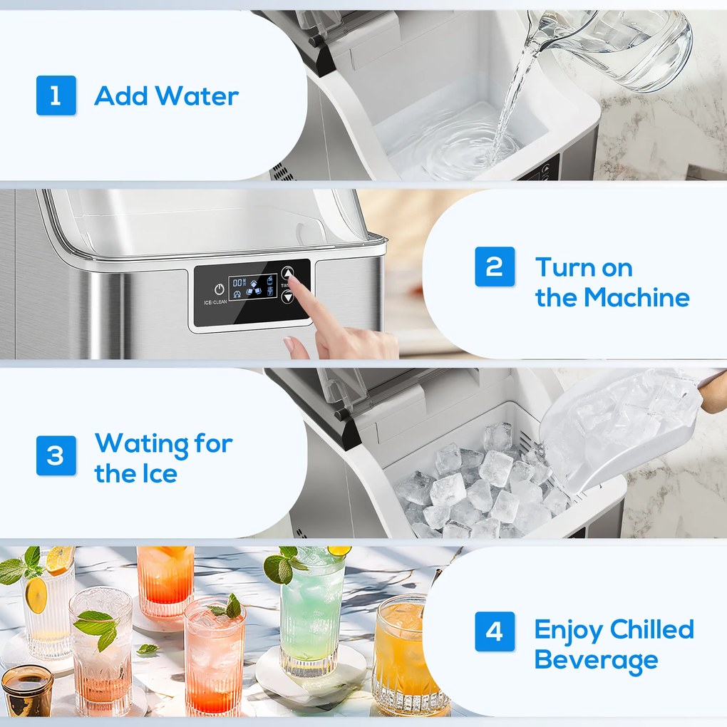 HOMCOM Kostkarka do lodu, dozownik kostek lodu, maszyna do lodu, 20 kg/24h kostkarka z 2,1 l zbiornikiem, Srebrny