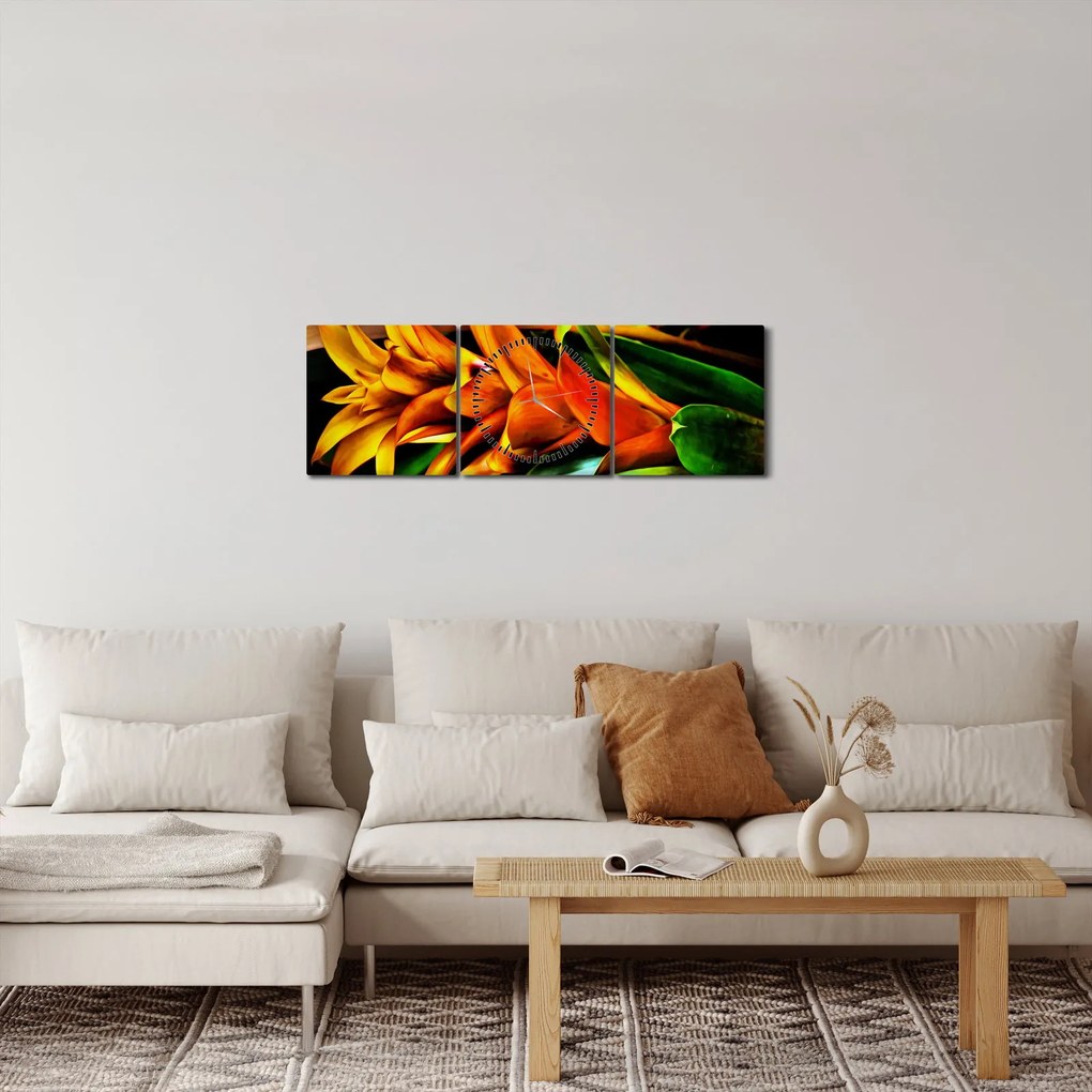 Obraz pomarańczowego kwiatu (z zegarem) (90x30 cm)