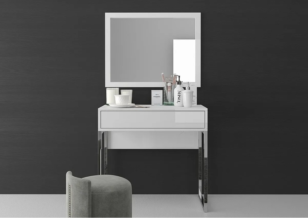 Biała nowoczesna toaletka Dancan EVA ze srebrnym stelażem