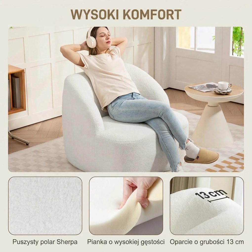 HOMCOM Nowoczesny fotel z tapicerką z futra, przytulny fotel do salonu, sypialni, biura domowego, kremowy