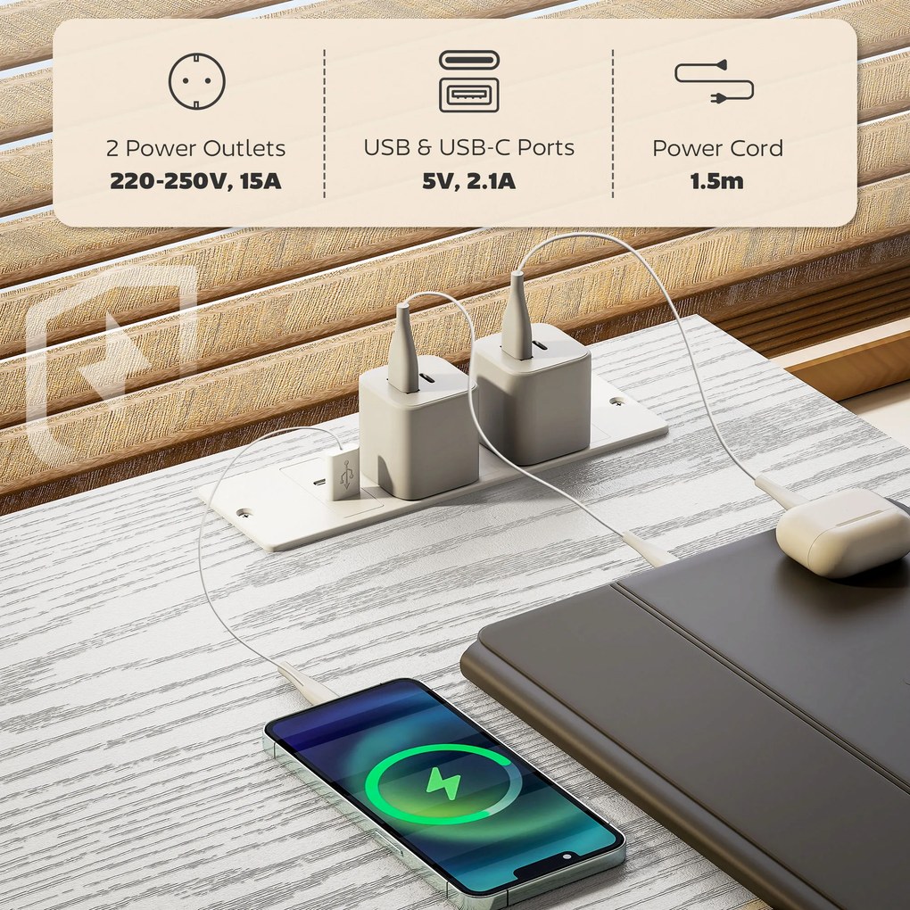 HOMCOM Biurko/Stół kuchenny z 2 portami USB i 2 gniazdkami, regulowane półki, 3 materiałowe szuflady, 120x40x76 cm, biały | Aosom PL