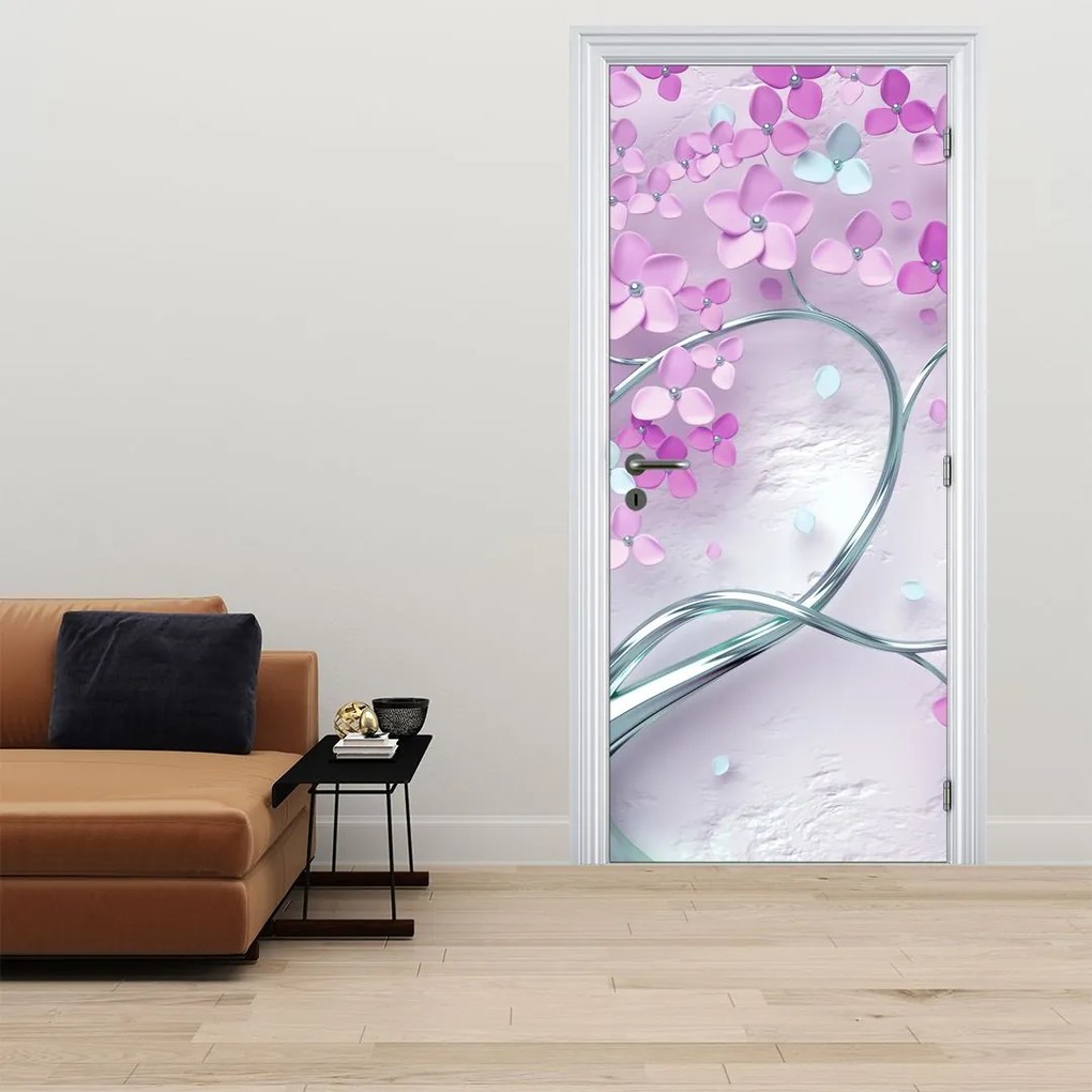 Fototapeta na drzwi - Kwiaty na srebrnej łodydze, abstrakcja (95x205cm)