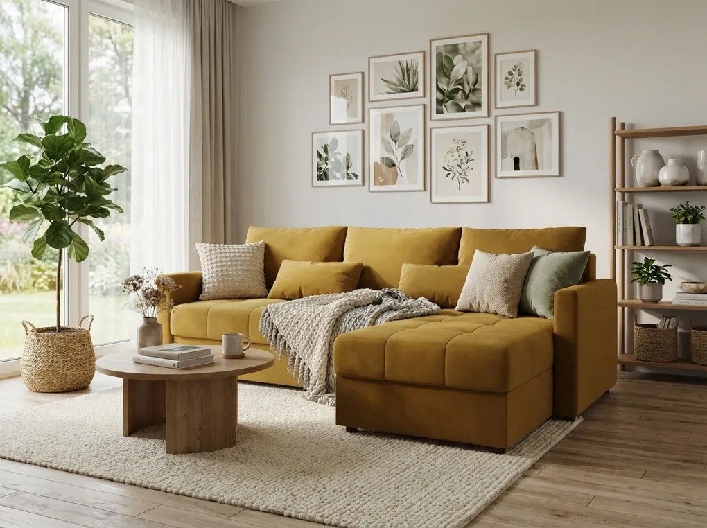 Rozkładana narożna sofa VENORIA 220x143 cm, musztardowa, uniwersalna + 2 poduszki GRATIS