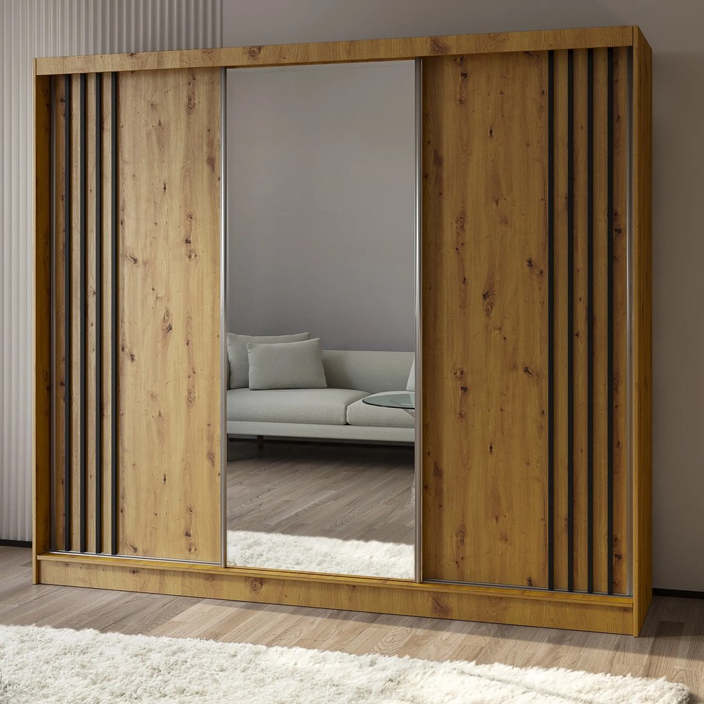 Szafa Przesuwna NELVIA 240 cm z Lustrem Szafa Trzydrzwiowa Dąb artisan