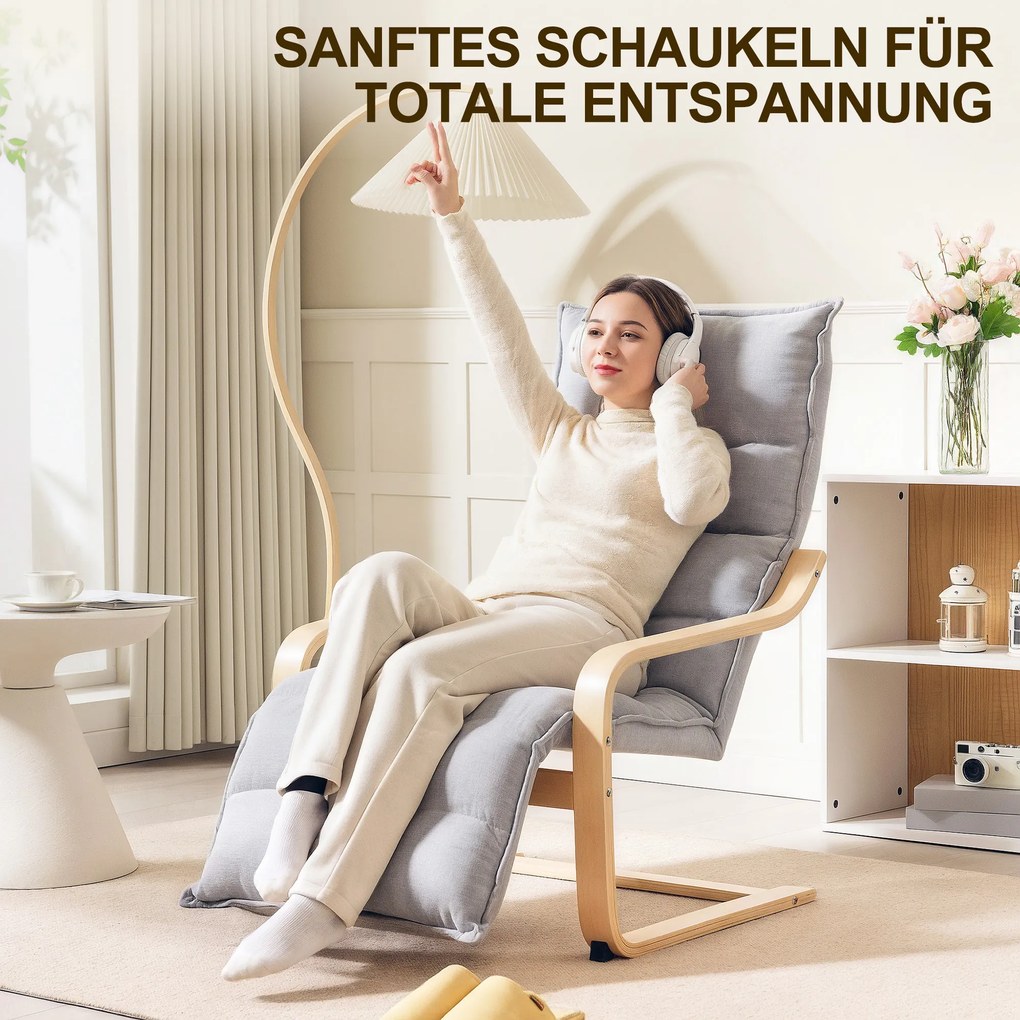 HOMCOM Fotel z laminowanej brzozy, tapicerowany fotel z regulowaną podnóżką, nowoczesny fotel z podłokietnikami, Jasnoszary