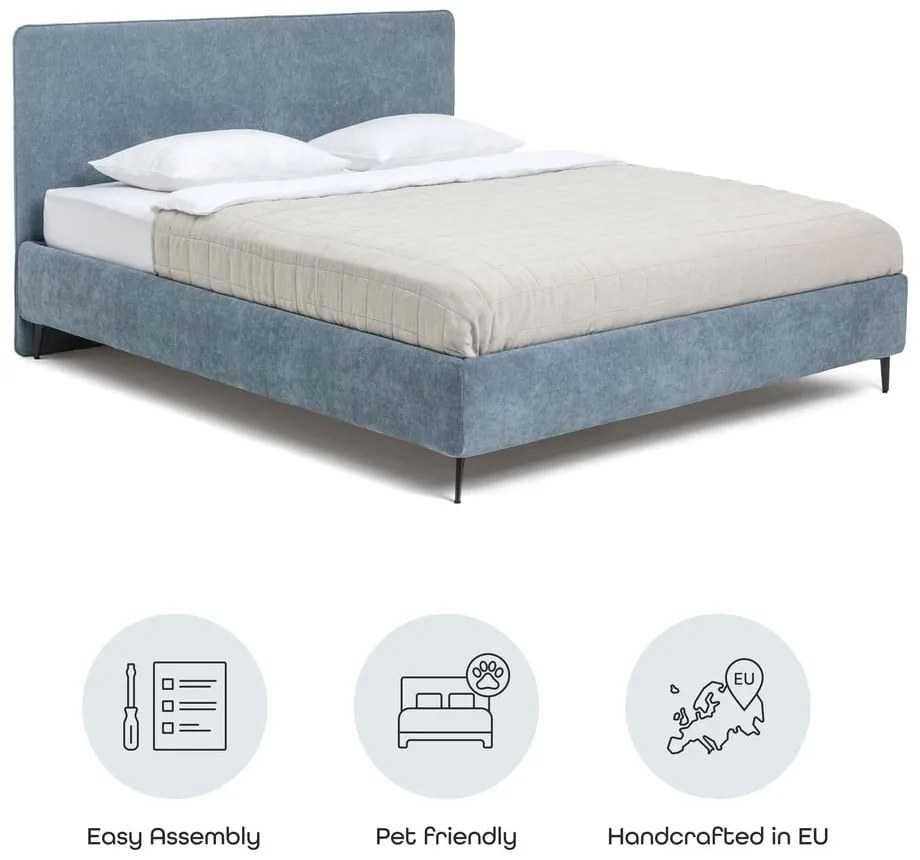 Niebieskie tapicerowane łóżko dwuosobowe ze stelażem 160x200 cm Noira Slim – Bonami Selection