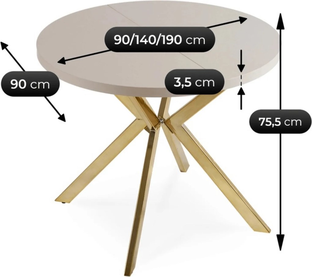 Rozkładany stół jadalniany glamour Lugo 90-190 cm, kaszmir/złoty