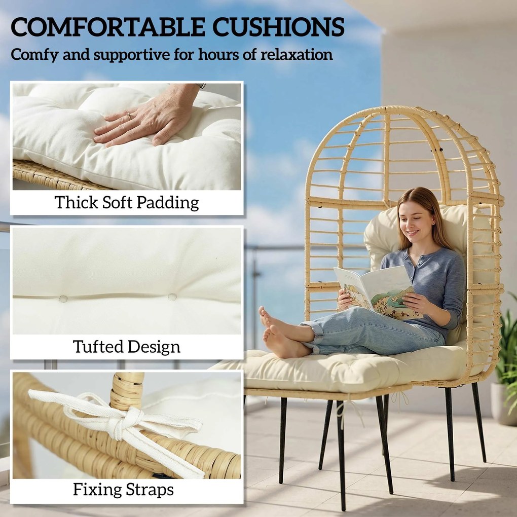 Outsunny Fotel ogrodowy z podnóżkiem, PE-rattan, w kształcie jajka, fotel koszowy z grubymi poduszkami, metalowa rama, beżowy | Aosom PL