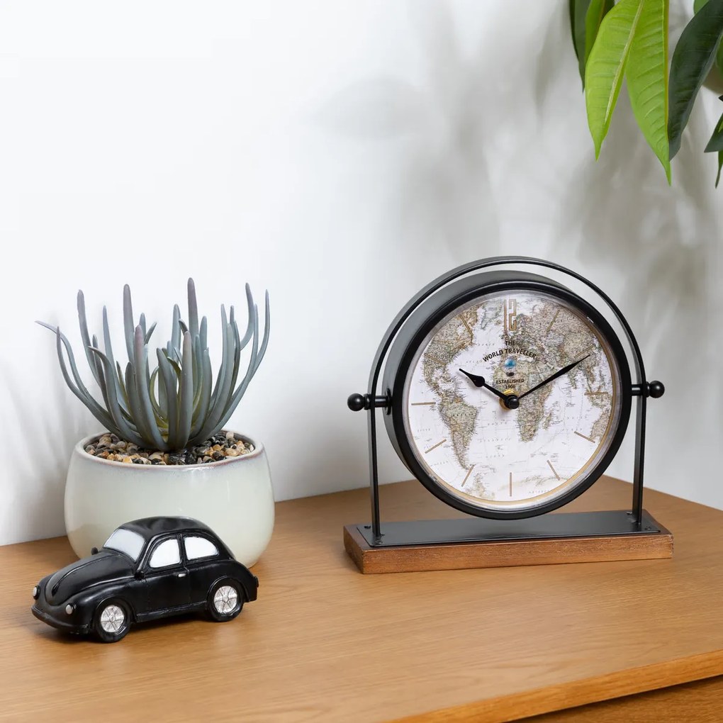 Zegarek retro na komodę Flavia, tarcza z mapą świata, wys. 20 cm