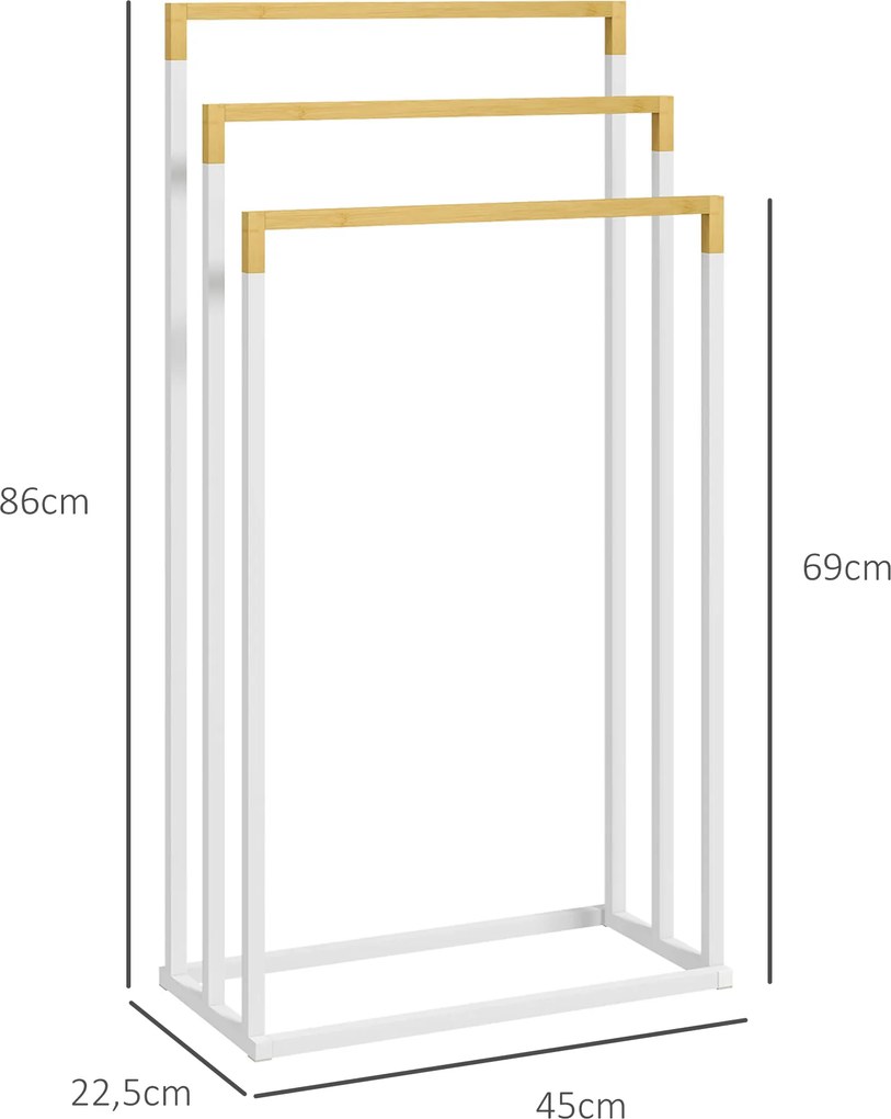 kleankin Zestaw Stojaków na Ręczniki 3 Drążki, Design Przemysłowy, Bambus, 45 x 22,5 x 86 cm, Biały + Natur