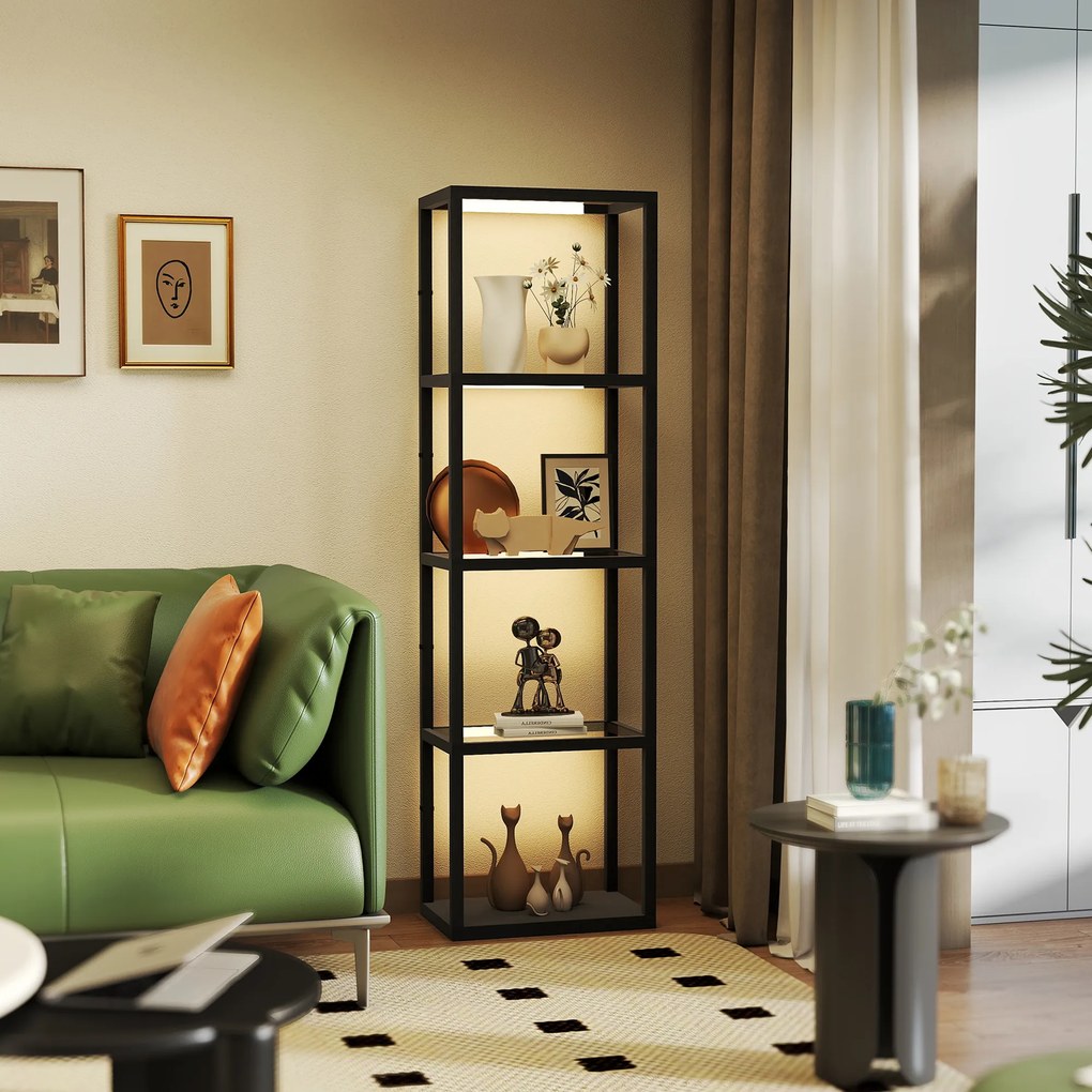 HOMCOM Lampa podłogowa LED z 4-półkowym regałem, regał świetlny z 4 szklanymi półkami, przełącznik nożny, MDF, Czarny