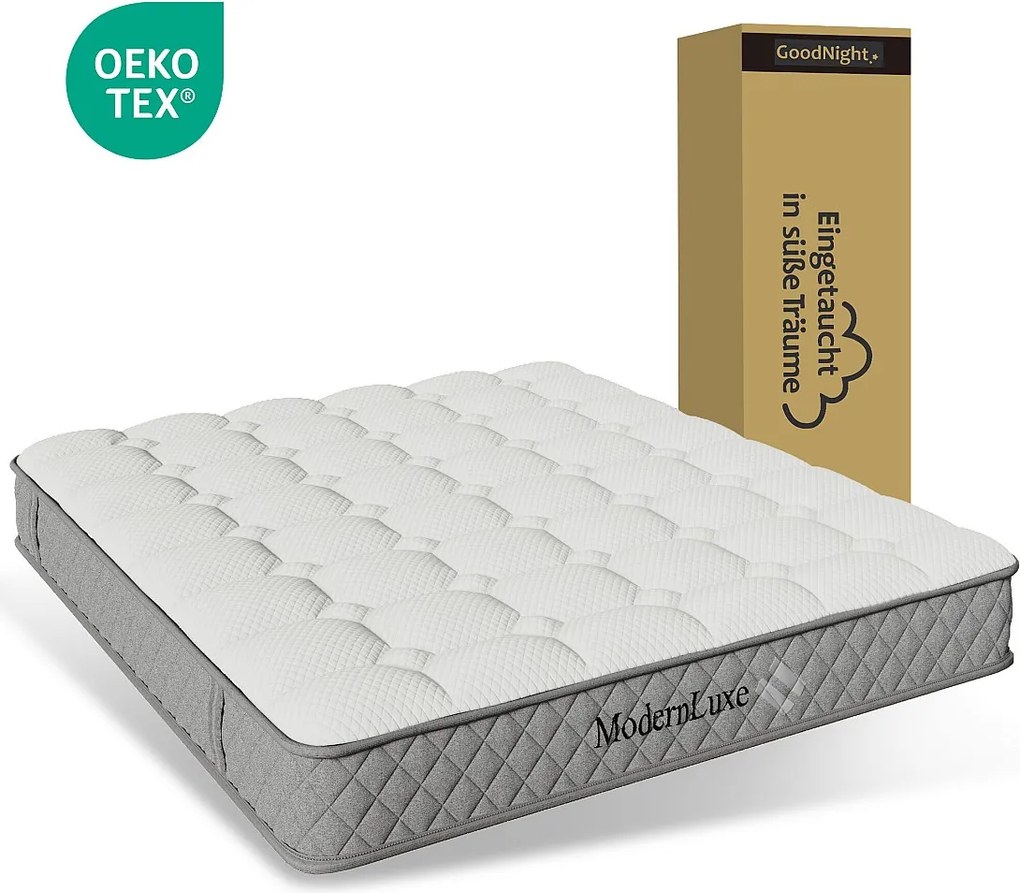 Materac sprężynowy 180×200 cm - 20 cm grubości - twardość H3 - z 7-strefowym kieszeniowym układem sprężyn - biały + szary