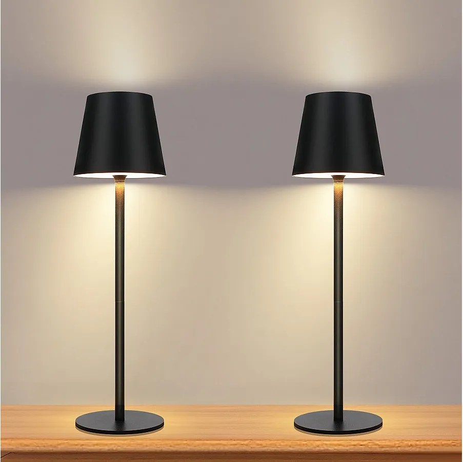 NETTLIFE Bezprzewodowa lampka nocna na baterie, zestaw 2 sztuk - LED 2600 mhA Ładowana zewnętrzna lampa stołowa Dotykowa USB Czarna lampa na baterię