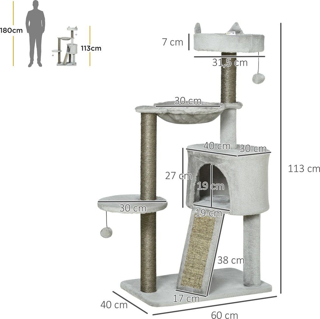 PawHut Drapak dla Kota Jasnoszary z Kryjówką Łóżkiem Hamakiem i Zabawkami 60x40x113cm Komfortowy | Aosom PL