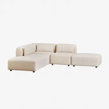 Sofa Modułowy Narożny 3-częściowy Z Lewym Szezlongiem I Pufem Fogler Len Aksamit Beż Lniany - Sklum