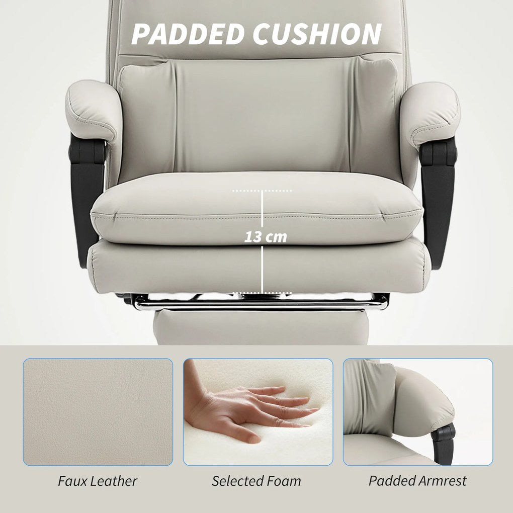 HOMCOM Fotel biurowy regulowany wysokościowo krzesło do biurka z podparciem lędźwiowym, podłokietnikami, podpórką na stopy, z ekoskóry, jasnoszary